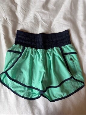 Women's Mint Lululemon Shorts with Navy Waistband and Trim